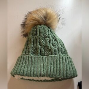 Green Knit Beanie with Faux Fur Pom